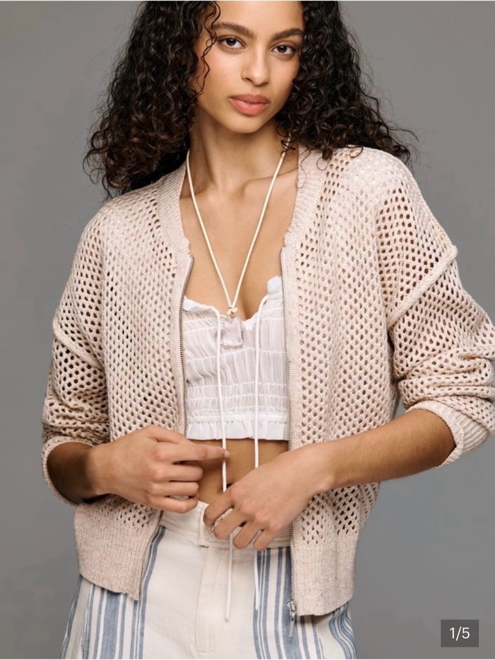 Pilcro Heathered Pink Openwork Zip Cardigan